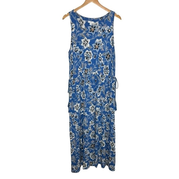 J.Jill Womens Floral Tiered Jersey Knit Maxi Dress Size Large Floral Blue Pocket - Picture 1 of 6